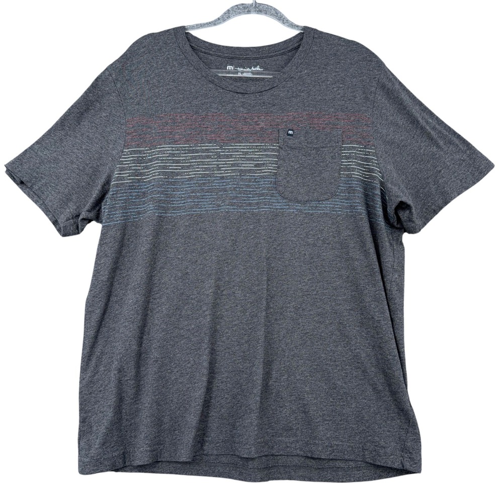 Travis Mathew Mens XL Pima Cotton Pocket T-Shirt Grey Striped Graphic Tee